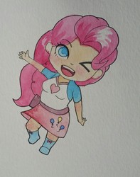 Size: 775x985 | Tagged: safe, artist:jay156, pinkie pie, equestria girls, g4, chibi, clothes, cute, diapinkes, female, human coloration, one eye closed, skirt, solo, traditional art, waving, wink