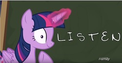 Size: 854x443 | Tagged: safe, edit, edited screencap, screencap, twilight sparkle, alicorn, pony, g4, ppov, chalkboard, creepy, discovery family logo, doctor who, faic, female, glowing horn, horn, listen, looking at you, mare, meme, raised hoof, smiling, solo, twilight sparkle (alicorn), twilight's blackboard, underhoof, wide eyes