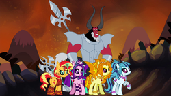 Size: 1280x720 | Tagged: safe, artist:ggalleonalliance, artist:osipush, adagio dazzle, aria blaze, lord tirek, sonata dusk, sunset shimmer, bat pony, pony, g4, alternate hairstyle, alternate timeline, armor, bat wings, bracelet, choker, glowing horn, heroes of might and magic, horn, jewelry, lance, messy mane, necklace, ponies of flight and magic, ponified, slit pupils, spear, spiked choker, spiked wristband, the dazzlings, tirek's timeline, tribes from tatarus, weapon