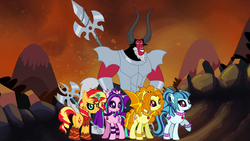 Size: 1280x720 | Tagged: safe, artist:ggalleonalliance, artist:osipush, adagio dazzle, aria blaze, lord tirek, sonata dusk, sunset shimmer, bat pony, pony, unicorn, g4, adagibat, alternate hairstyle, alternate timeline, ariabat, armor, bat wings, batnata, black sclera, bracelet, choker, diamond pupils, disguise, disguised siren, equestria girls ponified, gem, glowing horn, heroes of might and magic, horn, jewelry, lance, looking at you, messy mane, necklace, ponies of flight and magic, ponified, siren gem, slit pupils, spear, spiked choker, spiked wristband, the dazzlings, tirek's timeline, tribes from tatarus, weapon