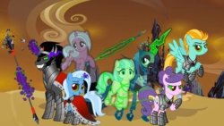 Size: 1280x720 | Tagged: safe, artist:ggalleonalliance, artist:osipush, idw, coco pommel, king sombra, lightning dust, queen chrysalis, radiant hope, suri polomare, trixie, ghost, pony, unicorn, g4, alternate timeline, alternate universe, armor, bad end, cape, chains, cloak, clothes, crystal war timeline, cursed union, female, glowing eyes, glowing horn, heroes of might and magic, horn, mare, ponies of flight and magic, spear, weapon