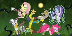 Size: 1253x637 | Tagged: safe, artist:ggalleonalliance, artist:osipush, discord, fluttershy, pinkie pie, starlight glimmer, zecora, zebra, g4, alternate hairstyle, alternate timeline, armor, arrow, camouflage, chrysalis resistance timeline, ear piercing, earring, grin, heroes of might and magic, jewelry, legion of wildlife, levitation, magic, markings, piercing, ponies of flight and magic, pouch, self-levitation, smiling, smug, spear, staff, tattoo, telekinesis, weapon