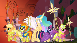 Size: 1191x670 | Tagged: safe, artist:ggalleonalliance, artist:osipush, applejack, princess celestia, spitfire, sunshine smiles, twilight sparkle, g4, armor, cape, celestial alliance, cloak, clothes, glowing horn, goggles, heroes of might and magic, horn, lance, lasso, ponies of flight and magic, rope, saddle, spear, warrior, warrior celestia, weapon