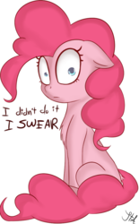 Size: 635x1023 | Tagged: safe, artist:jonathan the awesome, derpibooru exclusive, pinkie pie, g4, blatant lies, dialogue, female, seems legit, simple background, solo