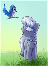 Size: 1024x1390 | Tagged: safe, artist:starlyfly, silver spoon, bird, blue jay, earth pony, pony, g4, female, filly, foal, glasses, grass, jewelry, necklace, open mouth, spoon