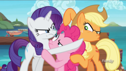 Size: 1600x900 | Tagged: safe, screencap, applejack, pinkie pie, rarity, pony, g4, ppov, angry, discovery family logo, fight, nose wrinkle, pointing, pouting, seaward shoals