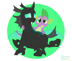 Size: 5000x4240 | Tagged: safe, artist:glitterstar2000, spike, thorax, changeling, g4, absurd resolution, cute, sitting, smiling