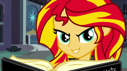 Size: 2000x1130 | Tagged: safe, artist:blondenobody, sunset shimmer, equestria girls, g4, death note, evil smile, fanfic art, fanfic cover, female, grin, smiling, smirk, solo