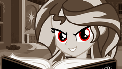 Size: 2000x1130 | Tagged: safe, artist:blondenobody, sunset shimmer, equestria girls, g4, death note, fanfic art, fanfic cover, female, grin, red eyes, sepia, smiling, solo