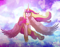 Size: 3784x2987 | Tagged: safe, artist:asika-aida, princess cadance, g4, crepuscular rays, crying, female, flower, flying, heart, high res, solo, windswept mane