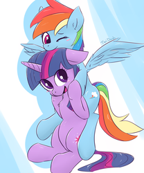 Size: 3000x3600 | Tagged: safe, artist:gamijack, rainbow dash, twilight sparkle, pegasus, pony, unicorn, g4, blushing, chest fluff, duo, duo female, female, floppy ears, flying, high res, holding a pony, horn, lesbian, mare, one eye closed, ship:twidash, shipping, spread wings, unicorn twilight, wings, wink