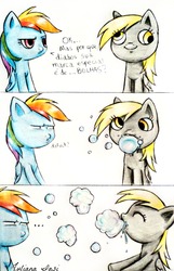 Size: 1783x2766 | Tagged: safe, artist:juaiasi, derpy hooves, rainbow dash, pegasus, pony, g4, bubble, comic, female, mare, portuguese, translated in the comments