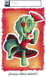 Size: 800x1344 | Tagged: safe, artist:dsp2003, artist:lalieri, oc, oc only, oc:grass, pony, pony town, ask, clothes, collaboration, dress, fan, flamenco, flower, rose, solo, spanish, tumblr