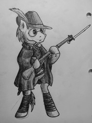 Size: 1920x2560 | Tagged: safe, artist:coolumbus, bayonet, clothes, cute, glasses, gun, hat, italian, monochrome, rifle, solo, standing, traditional art, uniform, weapon, world war i