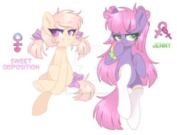 Size: 1024x783 | Tagged: safe, artist:hawthornss, oc, oc only, oc:jenny (moonsugar), oc:sweet disposition, adoptable, blushing, bow, clothes, cute, grin, hair bow, long mane, looking at you, simple background, smiling, socks, studio killers, tail bow, transparent background, underhoof, watermark, wingding eyes