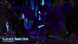 Size: 1920x1080 | Tagged: safe, artist:thelunagames, princess luna, g4, 3d, crossover, female, flower, forest, looking at you, magic, minecraft, rock, solo, spread wings, sword, telekinesis, weapon