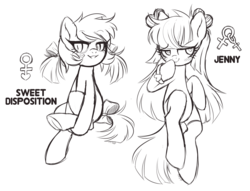 Size: 3400x2600 | Tagged: safe, artist:hawthornss, derpibooru exclusive, oc, oc only, oc:jenny (moonsugar), oc:sweet disposition, adoptable, black and white, blushing, bow, clothes, cute, grayscale, hair bow, high res, long mane, looking at you, monochrome, simple background, sketch, socks, studio killers, underhoof, wingding eyes