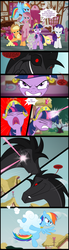 Size: 1004x3637 | Tagged: safe, artist:culu-bluebeaver, applejack, fluttershy, pinkie pie, rainbow dash, rarity, spike, twilight sparkle, oc, oc:plague, dragon, earth pony, pegasus, pony, unicorn, comic:the six-winged serpent, g4, cloud, comic, elements of harmony, female, implied murder, magic, male, mane seven, mane six, mare, oc villain, pinkamena diane pie, ponyville, red and black oc, sugarcube corner, unicorn twilight, wingless spike