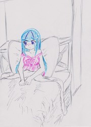 Size: 2031x2841 | Tagged: safe, artist:elgatosabio, sonata dusk, equestria girls, g4, bed, blushing, clothes, crying, female, high res, nightgown, pillow, solo, traditional art