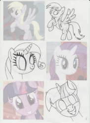 Size: 1702x2339 | Tagged: safe, artist:lazy-turtle, derpy hooves, rarity, twilight sparkle, pegasus, pony, g4, look before you sleep, anatomy, drawing, female, mare, sketch, sketch dump, study, traditional art