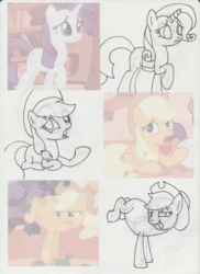 Size: 1702x2339 | Tagged: safe, artist:lazy-turtle, applejack, rarity, g4, look before you sleep, anatomy, drawing, sketch, sketch dump, study, traditional art