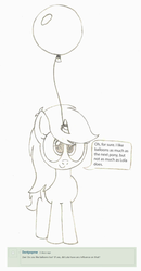 Size: 1589x3048 | Tagged: safe, artist:sny-por, oc, oc only, oc:sleepy zee, pony, unicorn, ask, balloon, monochrome, that pony sure does love balloons, traditional art, tumblr