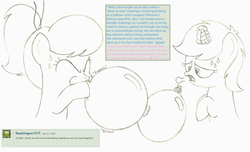 Size: 2864x1744 | Tagged: safe, artist:sny-por, oc, oc only, oc:lola balloon, oc:sleepy zee, earth pony, pony, unicorn, ask, balloon, balloon popping, levitation, magic, monochrome, popping, puffy cheeks, sweat, telekinesis, traditional art, tumblr