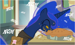 Size: 1000x600 | Tagged: safe, artist:flash equestria photography, princess luna, hunted luna, cloak, clothes, comic, cute, eating, female, food, happy, messy eating, nom, pie, saddle bag, solo