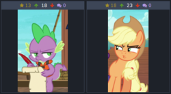 Size: 464x255 | Tagged: safe, applejack, spike, derpibooru, g4, my little pony: friendship is magic, ppov, exploitable meme, juxtaposition, meme, meta