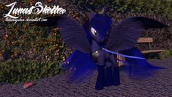 Size: 1920x1080 | Tagged: safe, artist:thelunagames, princess luna, g4, 3d, bench, clothes, coca-cola, female, flower, ribbon, socks, soda can, solo, spread wings