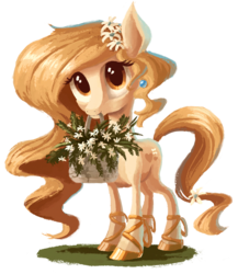 Size: 1213x1400 | Tagged: safe, artist:plainoasis, oc, oc only, oc:fawn, basket, flower, mouth hold, solo