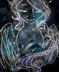 Size: 839x1023 | Tagged: safe, artist:velvetrwings, oc, oc only, oc:sunset songbird, pegasus, pony, eyes closed, smiling, solo, space