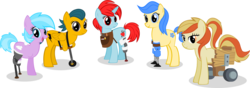 Size: 1287x451 | Tagged: safe, derpibooru exclusive, oc, oc only, oc:broken clouds, oc:forget-me-not, oc:piper, oc:rosalyn, oc:wheatgrass, amputee, congenital amputee, group, group photo, prosthetics, simple background