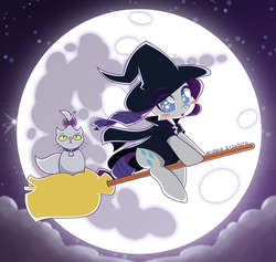 Size: 2864x2718 | Tagged: safe, artist:gaturo, artist:mrcbleck, opalescence, rarity, g4, blush sticker, blushing, broom, clothes, cloud, collaboration, costume, cute, duo, flying, flying broomstick, full moon, halloween, high res, mare in the moon, moon, night, night sky, open mouth, raribetes, remake, sky, stars, witch
