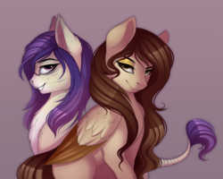 Size: 3500x2800 | Tagged: safe, artist:evehly, oc, oc only, oc:krystal feathers, oc:nikki, pegasus, pony, zonkey, bedroom eyes, colored wings, colored wingtips, duo, ear fluff, female, gray background, high res, mare, quadrupedal, simple background, sitting, smiling
