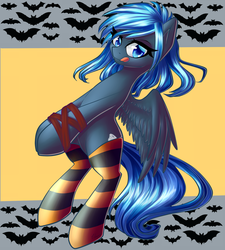 Size: 1818x2018 | Tagged: safe, artist:chaosangeldesu, oc, oc only, pony, clothes, socks, solo, striped socks, tied up, tongue out
