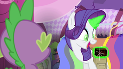 Size: 1280x720 | Tagged: safe, edit, rarity, spike, dragon, pony, unicorn, fallout equestria, g4, inspiration manifestation, black book, book, corrupted, inspirarity, possessed