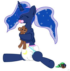 Size: 1504x1536 | Tagged: safe, artist:mlpcutepic, princess luna, g4, adult foal, diaper, female, non-baby in diaper, pacifier, poofy diaper, solo, teddy bear