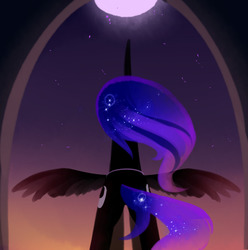 Size: 1280x1290 | Tagged: safe, artist:magnaluna, princess luna, g4, both cutie marks, female, moon, rear view, solo, spread wings, stars, twilight (astronomy)