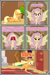 Size: 3254x4837 | Tagged: safe, artist:gutovi, applejack, fluttershy, bat pony, earth pony, pony, comic:why me!?, g4, adoracreepy, bedroom eyes, comic, cowboy hat, creepy, cute, cute little fangs, dialogue, evil grin, evil laugh, eyes closed, fangs, fleeing, flutterbat, fluttershy's cottage, freckles, grin, hat, jackabetes, laughing, no sell, nope, nose in the air, oh crap, open mouth, race swap, red eyes, run, sad, sadorable, screech, shyabates, shyabetes, smiling, speech bubble, stetson, tongue out, woobie