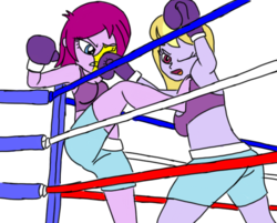 Size: 660x531 | Tagged: safe, artist:toyminator900, fuchsia blush, lavender lace, equestria girls, g4, boxing, boxing gloves, boxing ring, boxing shorts, clothes, fight, kickboxing, kicking, punch, sports bra