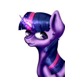 Size: 1600x1900 | Tagged: safe, artist:nillomika, twilight sparkle, pony, unicorn, g4, bust, colored pupils, female, looking at you, magic, mare, portrait, simple background, smiling, solo