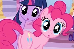 Size: 493x332 | Tagged: safe, screencap, pinkie pie, twilight sparkle, pony, g4, suited for success, :o, butt, cropped, female, mare, plot