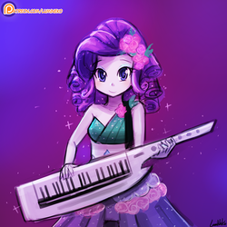 Size: 750x750 | Tagged: safe, artist:lumineko, rarity, equestria girls, g4, my little pony equestria girls: legend of everfree, beautiful, clothes, crystal gala, dress, female, keytar, looking at you, musical instrument, smiling, solo, speedpaint