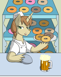 Size: 800x1000 | Tagged: safe, artist:sewlde, donut joe, g4, alcohol, bedroom eyes, beer, clothes, commission, counter, dessert, donut, donut josephine, glass, open mouth, plate, rule 63, solo