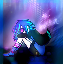 Size: 1931x1966 | Tagged: safe, artist:katedoof, dj pon-3, vinyl scratch, human, g4, female, headphones, humanized, music notes, sitting, solo