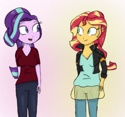 Size: 1289x1200 | Tagged: safe, artist:mildockart, starlight glimmer, sunset shimmer, equestria girls, g4, clothes, counterparts, duo, equestria girls-ified, leather jacket, open mouth, pants, smiling, twilight's counterparts