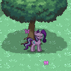 Size: 450x450 | Tagged: safe, starlight glimmer, butterfly, pony, pony town, g4, eyes closed, female, grass, shade, solo, tree