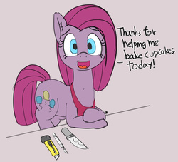 Size: 1280x1164 | Tagged: safe, artist:pabbley, pinkie pie, earth pony, pony, fanfic:cupcakes, g4, box cutter, dialogue, female, knife, mare, pinkamena diane pie, scalpel, solo, this will end in death
