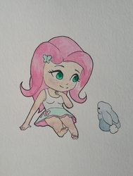 Size: 750x992 | Tagged: safe, artist:jay156, fluttershy, rabbit, equestria girls, g4, barefoot, clothes, cute, feet, female, mini, shyabetes, skirt, smiling, solo, tank top, traditional art, watercolor painting